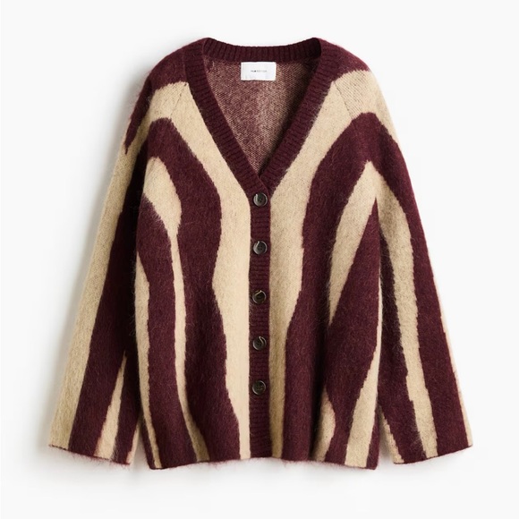 H&M Edition Burgundy, light beige/zebra print Mohair Blend Cardigan. NWT S & M - Picture 6 of 9